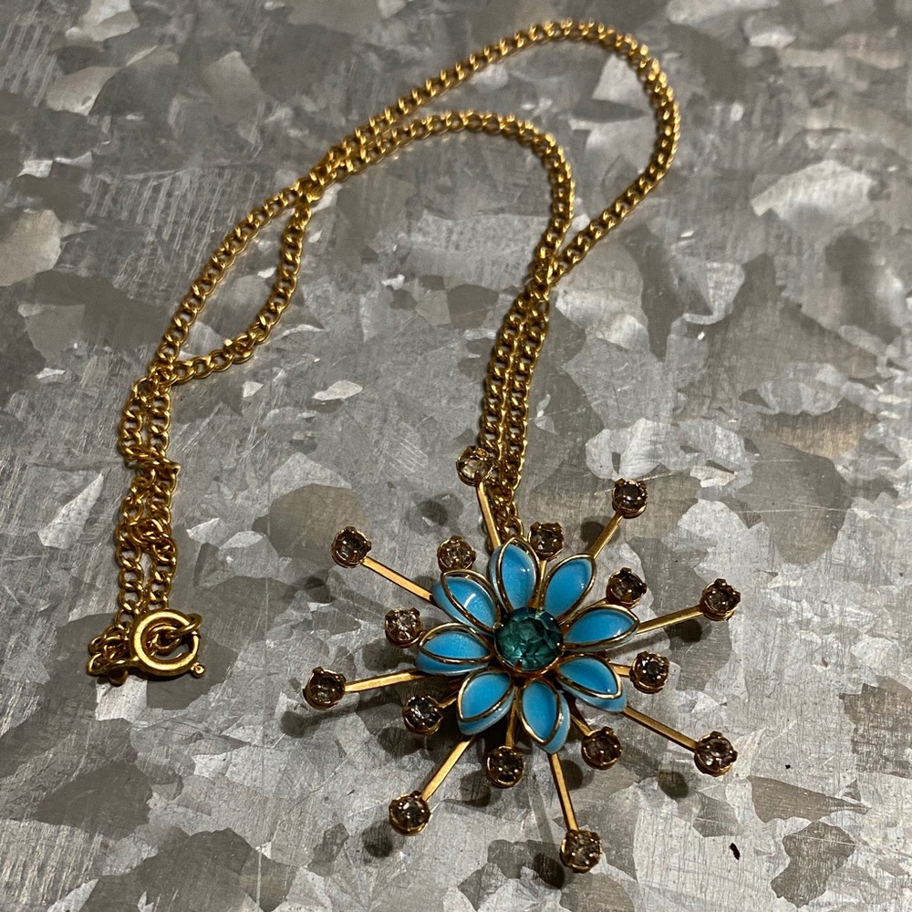 Gold-Tone Blue Floral Starburst Necklace/Brooch